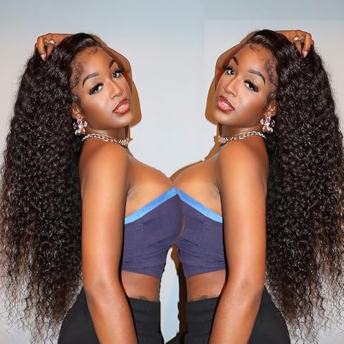 Deep Wave Lace Front Wigs Human Hair 200 Density 4x4 Glueless Wigs Human Hair Pre Plucked HD Transparent Lace Closure Human Hair Wigs for Black Women Natural Color (4x4, 22-inch)