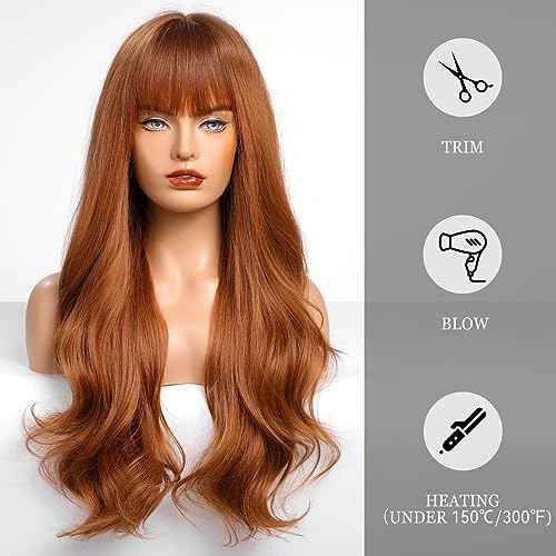 HAIRCUBE Auburn Wig with Bangs for Women Auburn Long Wavy Hair Wig Curly Wavy Synthetic Wigs for Girls Daily Party Use