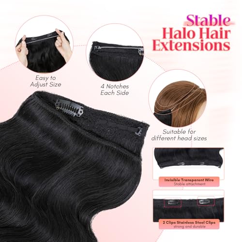Rich Choices Halo Hair Extensions Real Human Hair Wave Wire In Hair Extensions Human Hair Clip in Human Remy Hair Halo Hair Extension Hair Piece 16 Inch Wavy-#1Jet Black