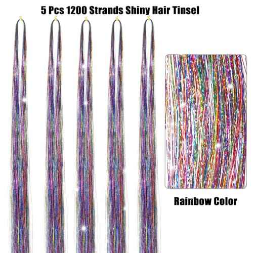 Hair Tinsel Kit with Tools 48 Inch 1200 Strands Colorful Tinsel Hair Extensions Fairy Hair Tinsel Kit Heat Resistant Sparkling Glitter Tensile Hair Accessories for Girls Women Kids