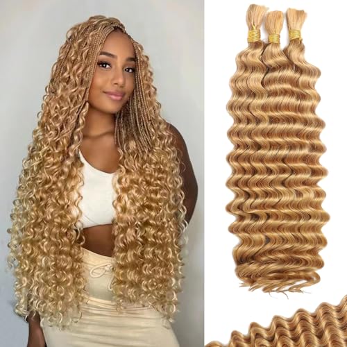 Human Braiding Hair For Boho Braids Deep Water Wave Human Bulk Hair for Braiding 12A Brazilian Virgin Human Hair Extensions for Boho Braids 3 Bundles/Pack 110g Honey Blonde 24inch