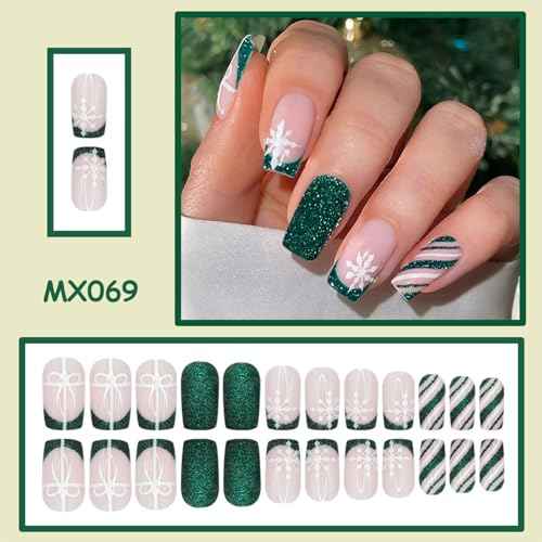 Christmas Green French Tip Press on Nails Square Medium Snowflake Fake Nails Winter Nude Pink False Nails Full Cover Reusable Acrylic Artificial Christmas Stick on Nail for Women 24 Pcs