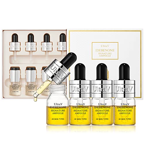 Ultra V Idebenone Signature Ampoule - Anti Aging Antioxidant Serum ? Peptides, Niacinamide, Hyaluronic Acid ? Anti Wrinkle, Smoothes, Softens Skin - 0.27 fl.oz 4 Packs 12,000ppm
