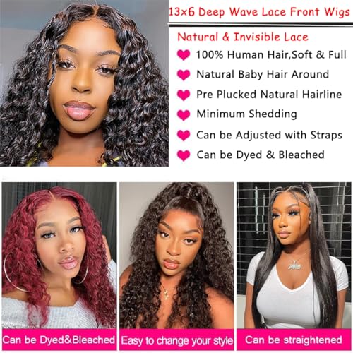 13x6 Deep Wave Lace Front Wigs Human Hair HD Lace Front Wigs for Black Women Pre Plucked Brazilian Deep Curly Human Hair Wig 180% Density Glueless Frontal Wigs (22 Inch)