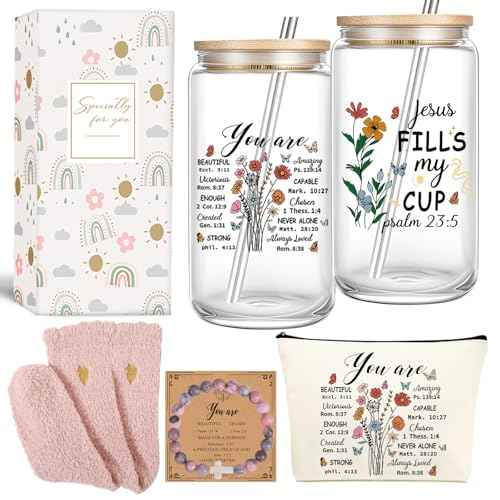 Christian Gift for Women Faith Religious Gifts Birthday Mothers Day Gifts for Women Mom Sister Best Friends Wife Coworkers-Inspirational Verse Glass/Makeup Bag