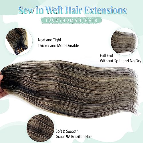 Sew in Hair Extensions Real Human Hair, 20 Inch 100G Weft Hair Extensions Human Hair Bundles Natural Black to Blonde Highlights Hair Extensions Real Human Hair Weft Weave Bundles for Women