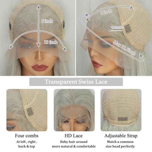 SOKU 13x6 Lace Frontal Wig 32 Inch Sliver Color Boby Wave Pre-plucked Hairline with Baby Hair Transparent Lace Heat Friendly Synthetic Light Grey Lace Front Wavy Wigs for Women Christmas Gift