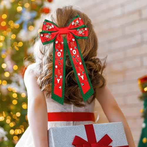 Christmas Bow Clips Pearl Rhinestone Christmas Tree JOLLY Decor Hair Bow Clip Christmas Holiday Party Hairpin Barrettes Accessories (red green JOY bow)