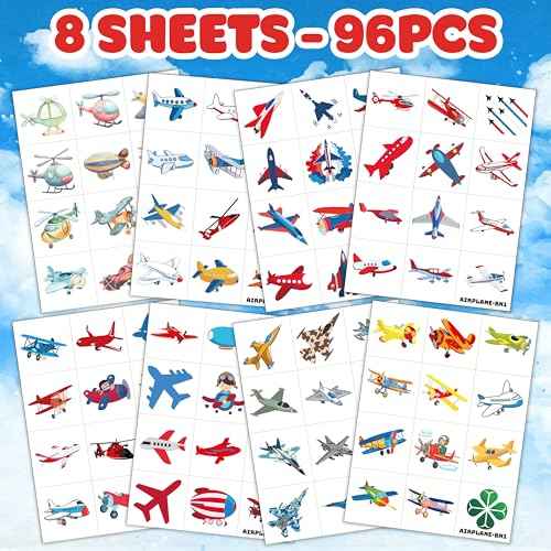 96PCS Airplane Temporary Tattoos Pre-Cut, Aviation Theme Birthday Party Decorations, Fighter Jet Plane Tattoo Stickers for Kids Boys Girls, Party Favors, School Gifts & Rewards
