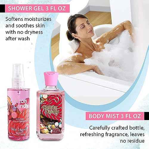 Cotton Candy Bath and Body Gift Set - 4-Piece Travel Kit with Body Lotion, Shower Gel, Body Cream & Fragrance Mist (3 Fl Oz) - Natural Extracts, Personal Self Care Kit for Women/Men