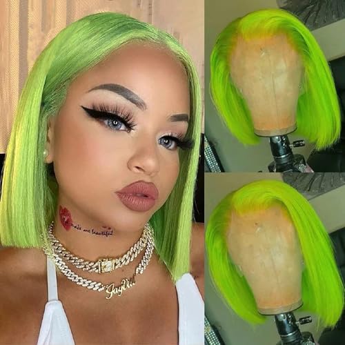 Lime Green Bob Wig Human Hair Lace Front Wigs 14 Inch 13x4 HD Lace Front Wigs Human Hair Pre Plucked Glueless Wigs Brazilian Virgin Human Hair Short Bob Wig for Women 180% Density Deep Part Hairline