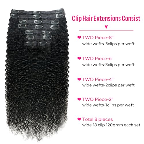 Curly Clip in Hair Extensions for Black Women Brazilian Virgin Human Hair Clip in Extensions 8Pcs Kinky Curly Clip ins Human Hair with 18Clips Double Lace Weft 120g 20nch Natural Black