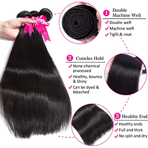 Subella Brazilian Straight Hair 3 Bundles Grade 10A Virgin Unprocessed Brazilian Straight Human Hair Weave Bundles Natural Black Color (16 18 20inch)