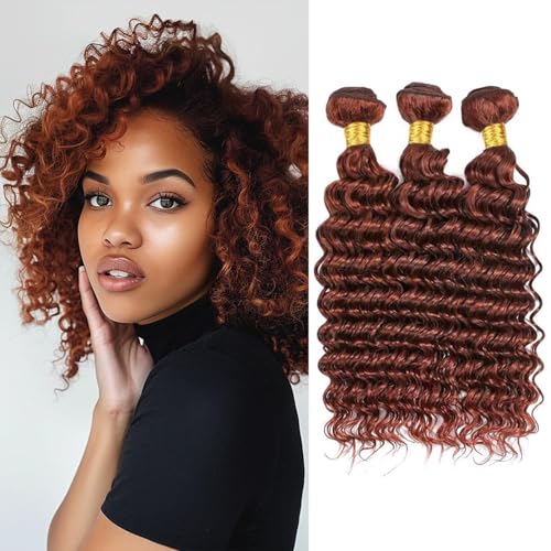 Curly Bundles Human Hair 20 22 24 Inch Reddish Brown Color #33 Deep Wave Human Hair Bundles Unprocessed Brazilian Virgin Hair Double Weft Quick Weave for Black Women