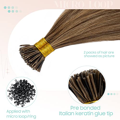 S-noilite Pre bonded I Tip Human Hair Extension for Women 100Strands 50Gram Fusion Stick Tip Remy Human Hair Piece Invisible Keratin Glue K Tip 22Inch #4P27 Medium Brown highlight Dark Blonde