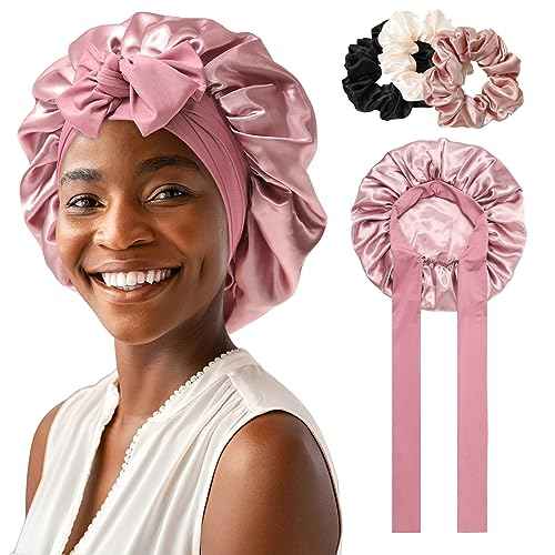 Satin Bonnet for Women - Tie Band Hair Bonnet Large 2 Layered Silk Sleeping Cap Nightcap with 3PCS Hair Scrunchies (Dust Rose)