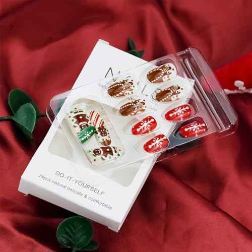 Christmas Press On Nails Short Almond Fake Nails White Brown False Nails With Snowflake Gingerbread Man Design Glue On Nails Full Acrylic Stick On Nails Xmas Artificial Nails For Women 24Pcs