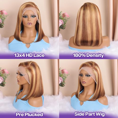 Hihmarm Ombre 4/27 Bob Wig Human Hair Highlight Honey Blonde Lace Frontal Bob Wigs 13x4 Straight Transparent Lace Front Wig Short Wig Human Hair Pre Plucked 14 Inch