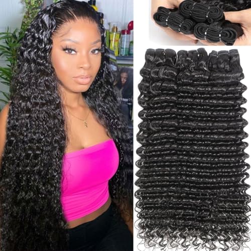 12A Deep Wave Bundles Human Hair 16 18 20 Inches 100% Unprocessed Indian Human Hair Bundles Wet and Wavy Raw Virgin Hair Curly Weave 3 Bundle Deal (Natural Color, 16 18 20 Inches)