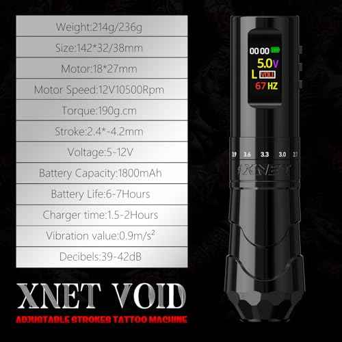 Tattoo Gun Kit£¬Xnet Void Tattoo Machine with 7 Adjustable Strokes, Professional Tattoo Guns with Extra 1800 mAh Battery£¬20pcs X-ray Mixed Sizes Cartridge Needles for Tattoo Artists