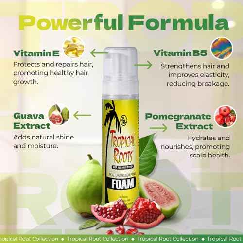 Bronner Bros Tropical Roots Moisturizing Sculpting Foam - With Vitamin E & B5, Guava & Pomegranate Extracts - Hydrating, Nourishing, Long-Lasting Hold & Definition, No Flaking or Build-Up - 8.5oz