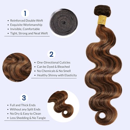 Brown Highlight Body Wave Bundles Human Hair 24 In, 12A Soft and Glossy Blonde Balayage Ombre One Bundles 100% Remy Hair Single Ombre Bundle #1b/30 Piano Color Dark Root