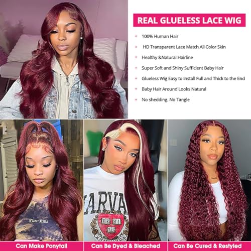 Wear and Go Glueless Wigs Human Hair Pre Plucked Pre Cut for Beginners 99j Burgundy Lace Front Wigs Human Hair Upgraded No Glue 5x5 HD Body Wave Lace Closure Wigs Human Hair for Women 24 Inch