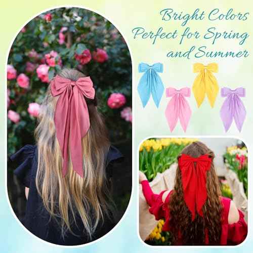 32Pcs Satin Hair Bows Bulk Big Hair Bows for Women Large Hair Ribbons Silky Satin Oversized Hair Bows Long Tail Large Hair Barrettes Hair Cute Oversized Bow Hair Clips with Long Tails