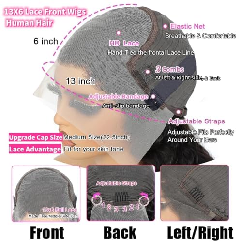 22 Inch Deep Wave Lace Front Wigs Human Hair 13x6 HD Lace Frontal Wigs Glueless Curly Lace Front Wig Pre Plcked Deep Wave Wigs with Baby Hair 200% Density Curly Human Hair Wigs for Women Natural Color