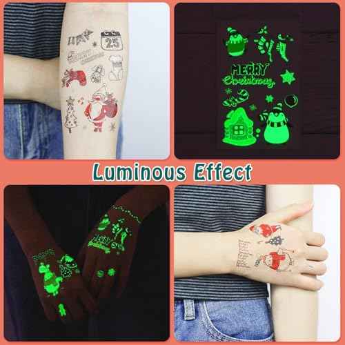 Partywind 235 Styles Glow Christmas Tattoos for Kids Stocking Stuffers, Luminous Christmas Party Decorations Supplies Favors, Holiday Party Games Toys, Santa Snowflake Decor (24 Sheets)