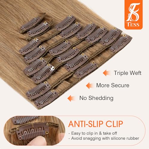 TESS Seamless Clip in Hair Extensions Human Hair Remy Clip ins Natural Soft Straight 8pcs 18Clips, 18 Inch, Light Brown