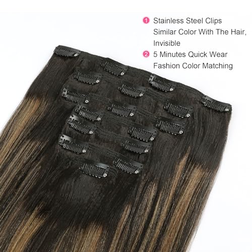 ABH AMAZINGBEAUTY HAIR Light Yaki Clip in Extensions Rooted Black Piano Natural Black Fading into Caramel Blonde Two Tone Yaki Straight Clip ins for Black Women 18 Inch 120G