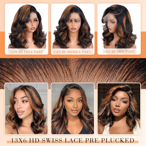 13x6 Highlight Body Wave Lace Front Wigs Human Hair 200% Density FB/30 Ombre Frontal Wigs Human Hair Pre Plucked Short Wigs for Black Women Glueless Balayage HD Lace Wig Loose Wavy 12 inch