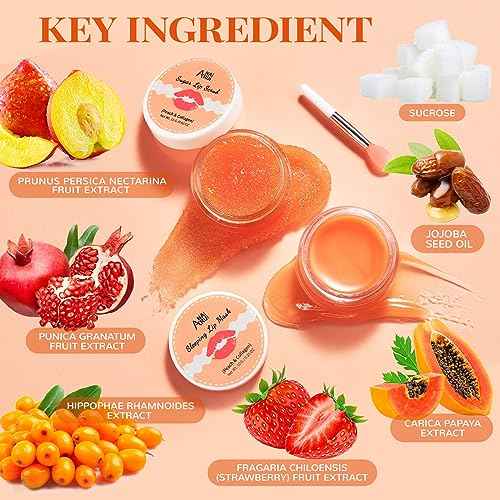 ANAI RUI Lip Care Kit - Mask & Scrub Set, Gift for Mother Girls, Overnight Treatment With Sleeping Mask & Sugar Exfoliator, Moisturizer for Dry, Chapped, Dark Lips, Peach