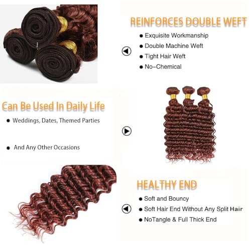 Curly Bundles Human Hair 20 22 24 Inch Reddish Brown Color #33 Deep Wave Human Hair Bundles Unprocessed Brazilian Virgin Hair Double Weft Quick Weave for Black Women