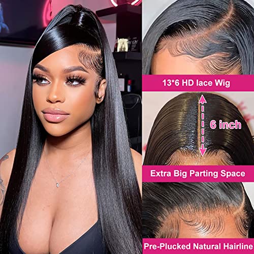 13x6 Lace Front Wigs Human Hair 180 Density HD Transparent Straight Lace Front Human Hair Wigs for Women Straight Lace Front Wigs Pre Plucked with Baby hair Natural Color (24 Inch)
