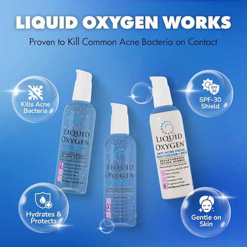 Liquid Oxygen Acne Treatment System for Acne-Prone Skin | Oxygen-Infused | Cleansing Wash, Blackhead Astringent & Hydrating Moisturizer | Blemish Control & Pimple Treatment | Dermatologist-Recommended