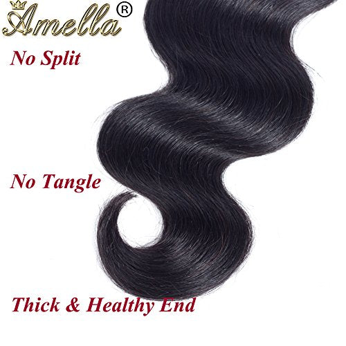 Amella Hair 100% Unprocessed Virgin Brazilian Human Hair Brazilian 22 20 18 inch Body Wave 3 Bundles Hair Extensions Grade 8A Remy Human Hair Bundles Natural Black Color