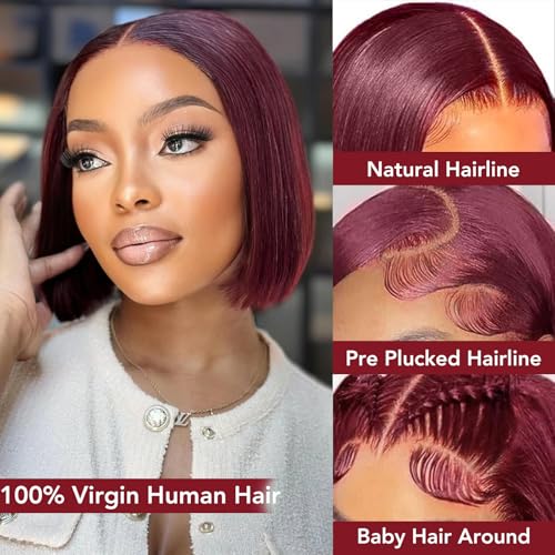 99j Burgundy Bob Wig Human Hair 13x4 HD Transparent Lace Front Wigs Human Hair 180% Density Short Bob Glueless Straight Wigs Human Hair for Women 16 Inch