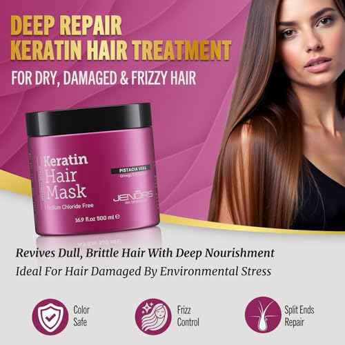 Jenoris Keratin Hair Mask for Dry, Damaged & Frizzy Hair ? Deep Conditioning Treatment with Natural Omega 3-6-9 Complex & Pistachio Oil, Salon-Professional, Paraben & SLS Free, 16.9 Fl Oz