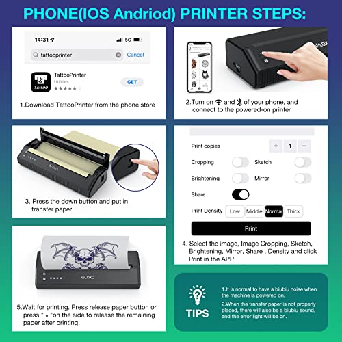 VLOXO Wireless Tattoo Stencil Printer, Portable Tattoo Thermal Transfer Copier Cordless Bluetooth Tattoo Machine with 10pcs Transfer Paper for Android and iOS Phone Pad & Laptop
