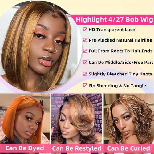 Highlight Lace Front Bob Wig Human Hair 16 Inch Ombre Honey Blonde 13x4 Hd Lace Front Wigs Human Hair Pre Plucked Middle Part 4/27 Colored Lace Frontal Wigs (Highlight 4/27, 16 Inch)