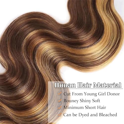 Ombre Human Hair Bundles P4/27 Body Wave Bundles Human Hair Highlight Brown 3 Bundles 10 12 14 Inches 100% Unprocessed Brazilian Virgin Weave Human Hair Extensions