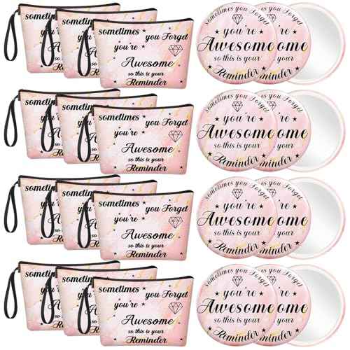 Xuniea 24 Pcs Inspirational Gifts for Women Bulk 12 Motivation Canvas Makeup Bags 12 Round Portable Pocket Mirror for Team Employee Coworker Housekeeping Appreciation Thank You Gifts(Awesome)