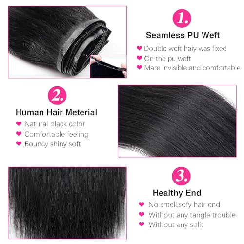 Seamless Clip in Hair Extensions Human Hair for Black Women Pu Clip in Hair Extensions 100% Unprocessed Full Head Brazilian Virgin Straight Human Hair Natural Black Color,8/Pcs with 18Clips,1 (20inch)