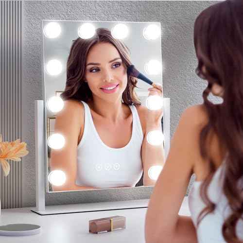 Vanity Makeup Mirror with Lights,3 Color Lighting Modes Detachable 10X Magnification Mirror Touch Control,360¡ÆRotation, White (14.6Inch)