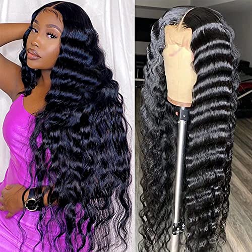 JIETAI 13x4 Loose Deep Wave Curly Lace Front Wig Pre Plucked with Baby Hair 180% Density Curly Human Hair Wigs 10A Wigs for Black Women Glueless Wig (22inch, Natural Color)