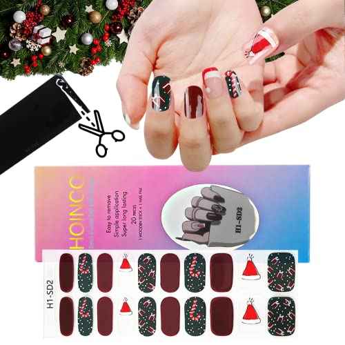 Christmas Full Nail Stickers Christmas Semi Cured Gel Nail Wraps Strips,HOINCO Self-Adhesive Nail Stickers,Christams Nail Decoration(Dark red Jump Color)