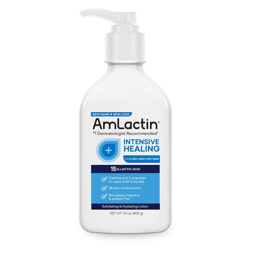 AmLactin Crepe Firming Cream - 12 oz Body Cream with 15% Lactic Acid - Exfoliator and Moisturizer & Intensive Healing Body Lotion for Dry Skin – 14.1 oz Pump Bottle – 2-in-1 Exfoliator