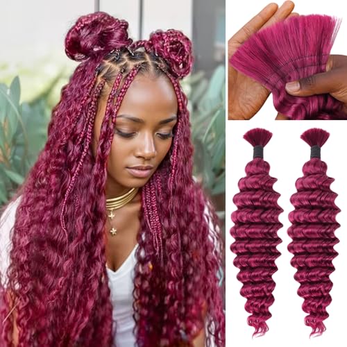 IDN BEAUTY Pre Divided Human Braiding for Boho Braids Hair Extensions, 18 Inch 100g 99J Burgundy Deep Wave Human Hair for Braiding Bohemian No Weft 12A Virgin Brazilian Wet and Wavy